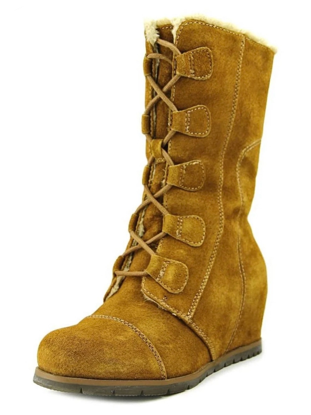 BareTraps Women's Tan Suede Lace-Up Wedge Boot with Faux Fur Trim
